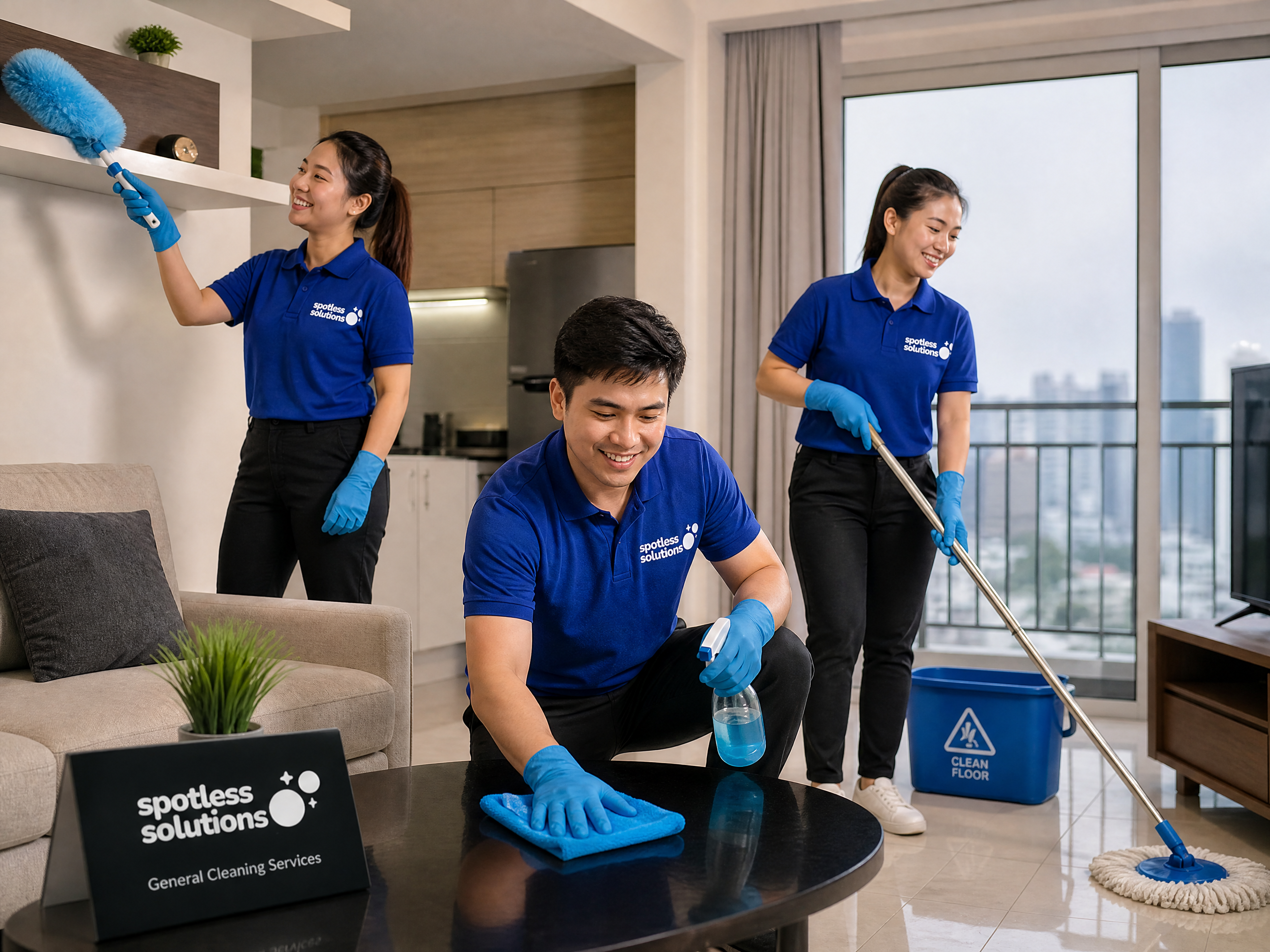 Two Spotless Solutions cleaners wiping a table in a modern living room